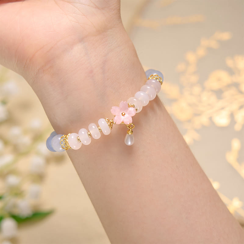 Aquamarine & White Agate Pearl Abacus Bead Bracelet with Floral Charm