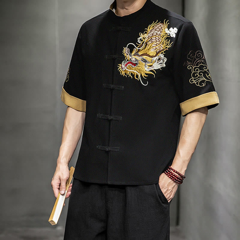 Frog-Button Chinese Dragon Auspicious Cloud Embroidery Half Sleeve Shirt Cotton Linen Men Clothing