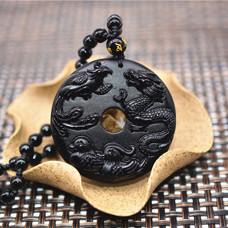 Black Obsidian Dragon Phoenix Mandarin Duck Luck Protection Necklace Pendant