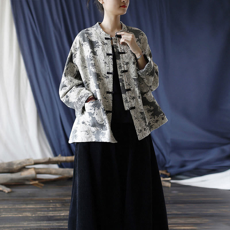 Black Gray Print Frog-button Design Long Sleeve Cotton Linen Jacket Shirt With Pockets