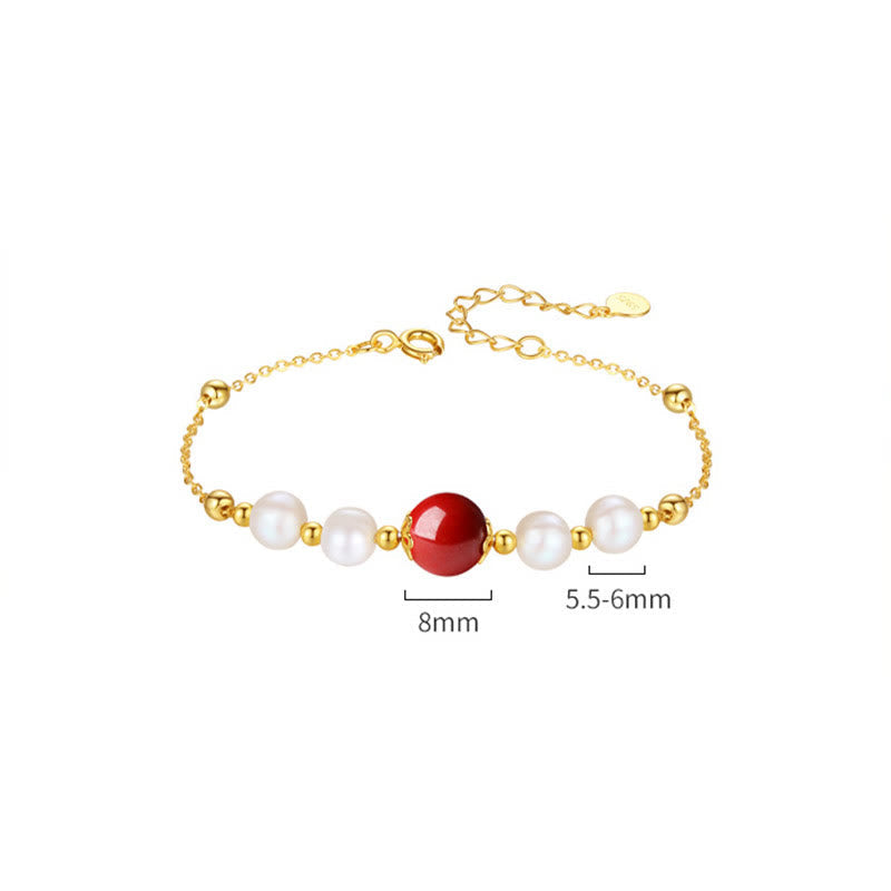 925 Sterling Silver Cinnabar and Pearl Bead Chain Adjustable Bracelet