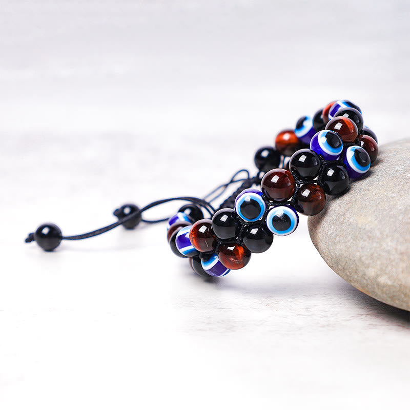 Handmade Evil Eye Hematite and Tiger Eye Adjustable Beaded Bracelet for Men and Women