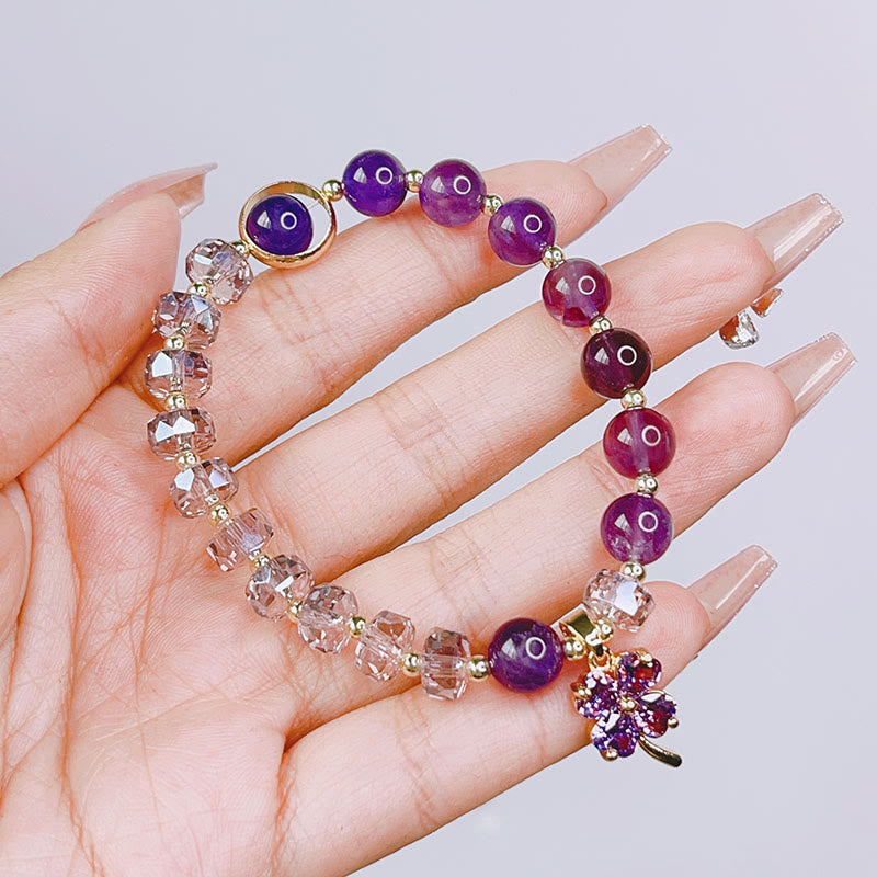 Amethyst Crystal Four Leaf Clover Healing Charm Bracelet