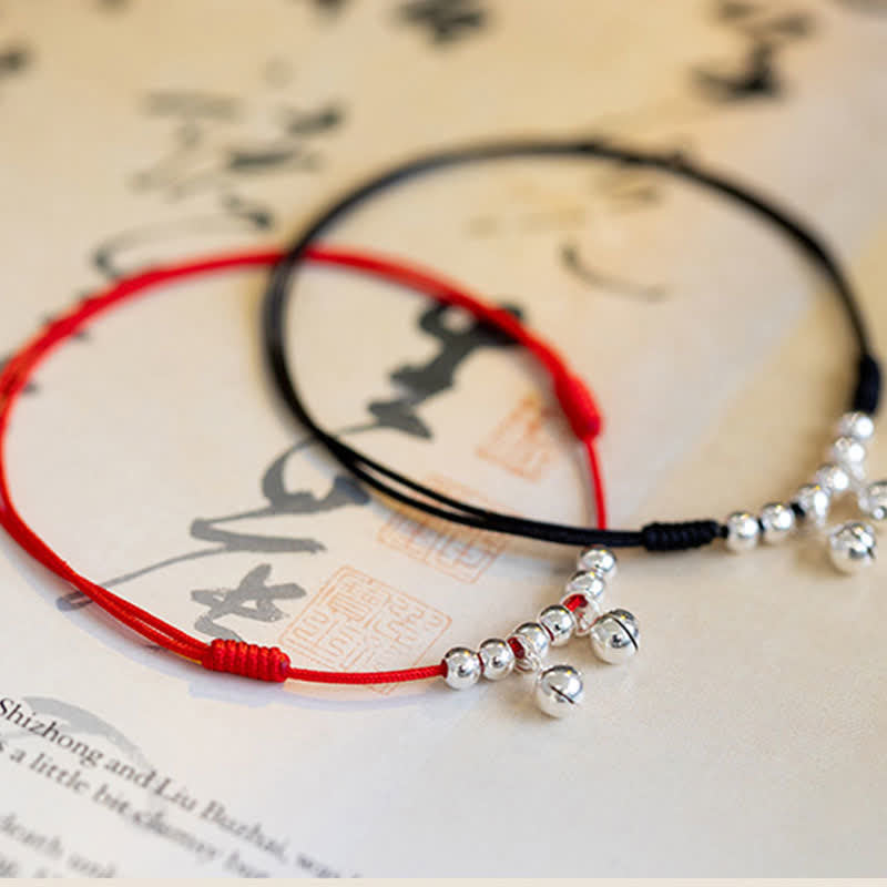 925 Sterling Silver Red String Braid Bell Charm Anklet