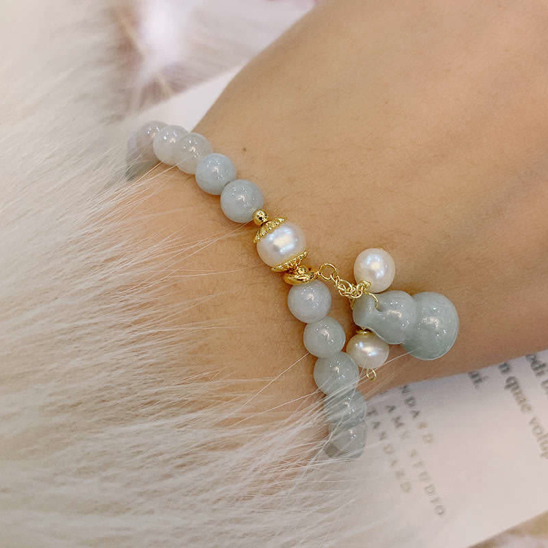 Natural Jade and Pearl Wu Lou Gourd Bracelet with Gold and Copper Accents