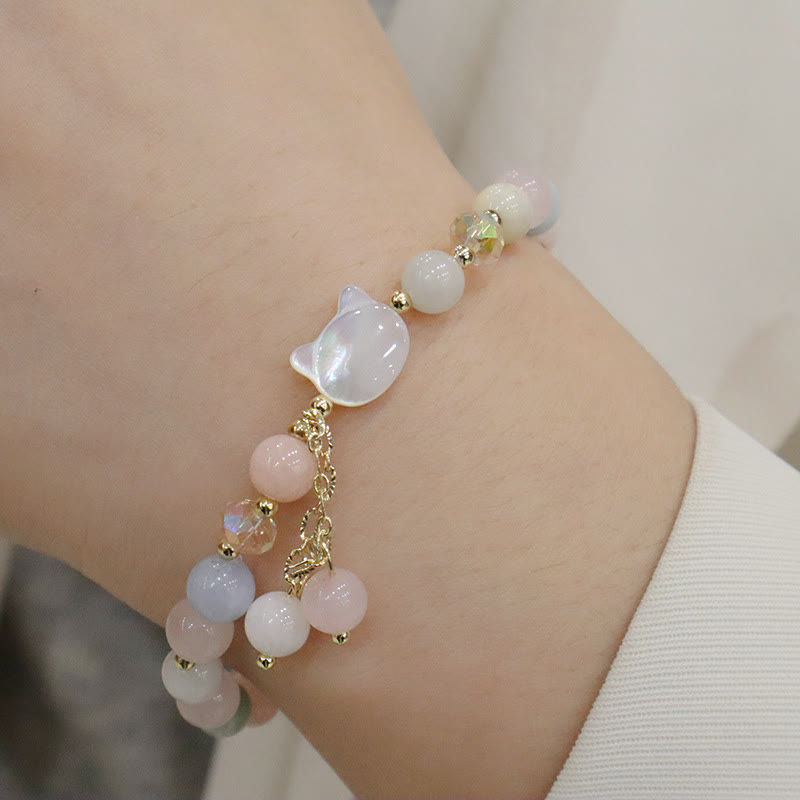Natural Strawberry Quartz & Morganite Tridacna Gemstone Carved Cat Charm Bracelet