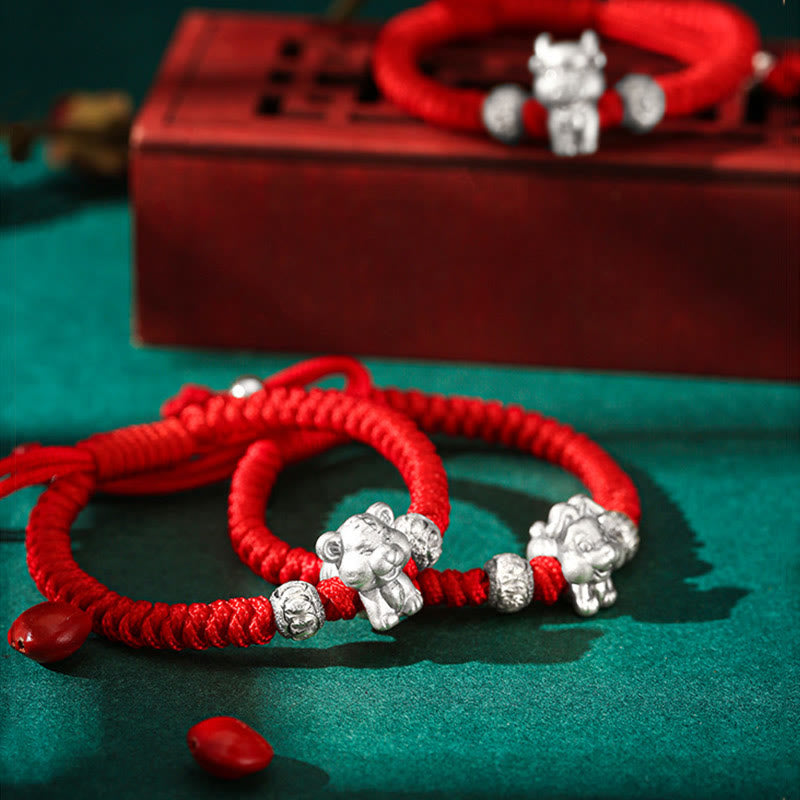 Handcrafted 999 Sterling Silver Chinese Zodiac Vajra Knot Red String Kids Bracelet