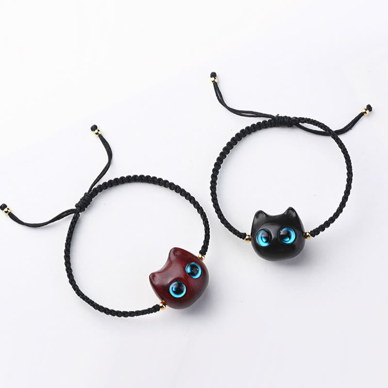 Small Leaf Red Sandalwood Ebony Wood Cute Cat Head Calm Protection Braided Bracelet