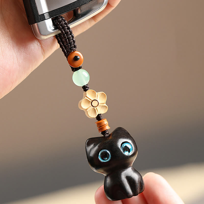 Hand-Carved Lucky Cat Wood Charm with Green Aventurine, Boxwood & Olive Wood Phone Keychain