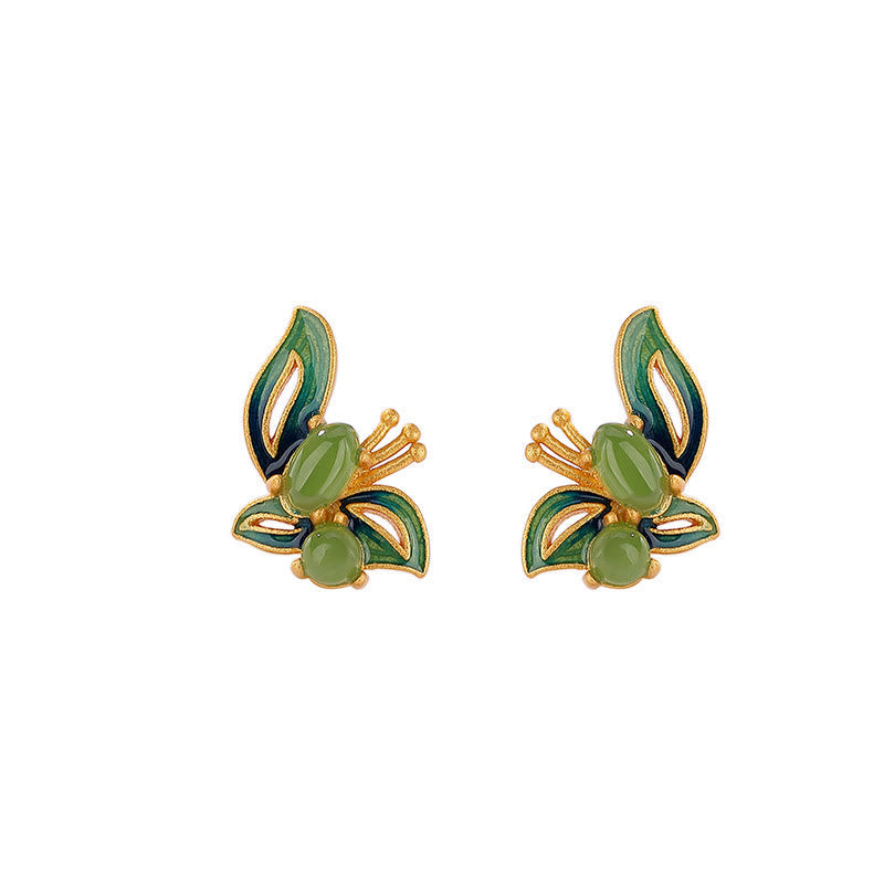 925 Sterling Silver Plated Gold Natural Cyan Jade Butterfly Luck Healing Earrings