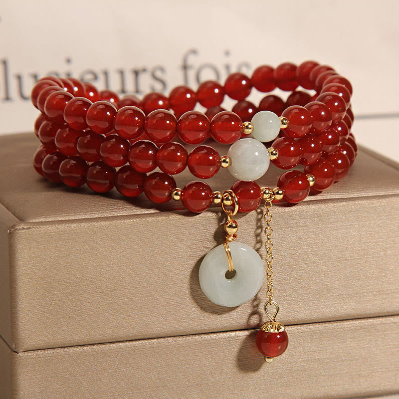 Natural Red Agate and Jade Ping An Kou Triple Wrap Bracelet