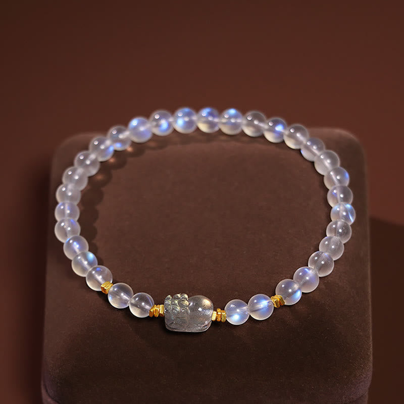 925 Sterling Silver Plated Gold Natural Moonstone PiXiu Healing Bracelet