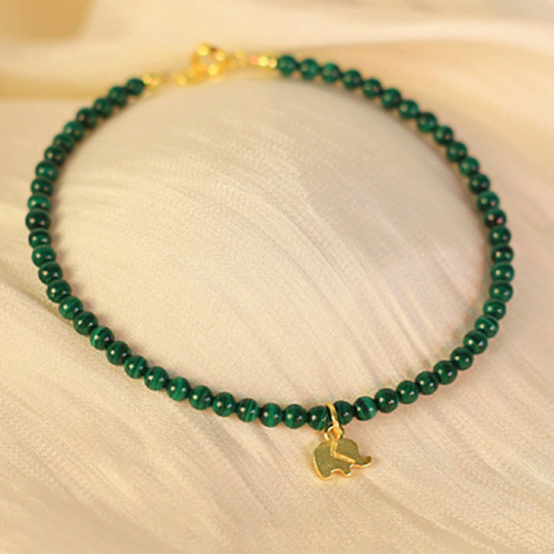 Natural Malachite Elephant Charm Bracelet with Adjustable Sizing