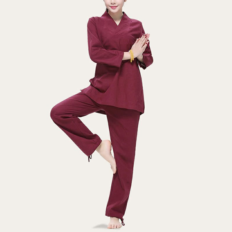 Zen Practice Yoga Meditation Prayer V-neck Design Uniform Cotton Linen Clothing Women's Set