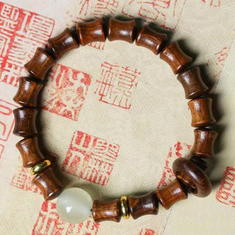 Handmade 8mm Bamboo Motif Wood Bead Meditation Bracelet in Ebony or Sandalwood