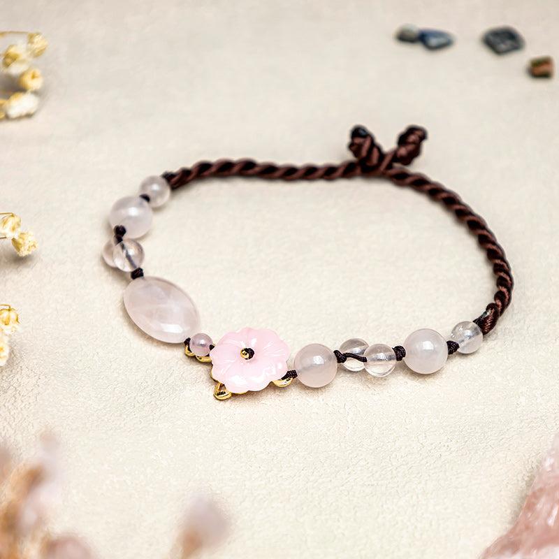 Flower of Love Rose Quartz Adjustable Pink Crystal Anklet