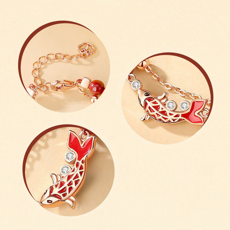 Polished 925 Sterling Silver Koi Fish Charm Bracelet with Cinnabar and Zircon Double Layer Chain