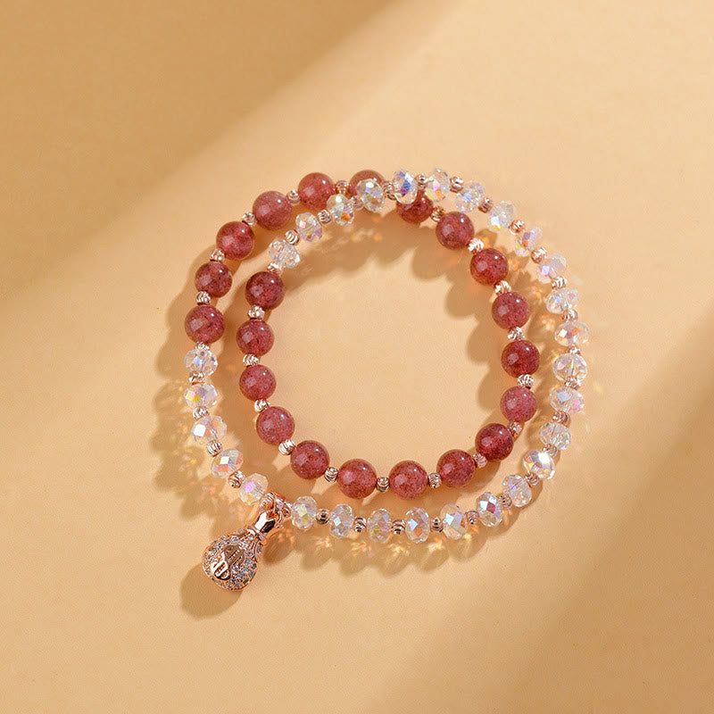 Strawberry Quartz and Clear Quartz Wealth Bag Copper Charm Bracelet for Women