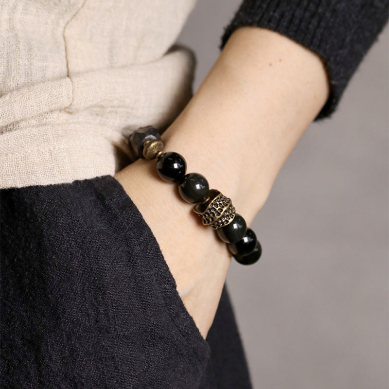 Handcrafted Black Obsidian Ebony Wood & Copper Strength Couple Bracelet