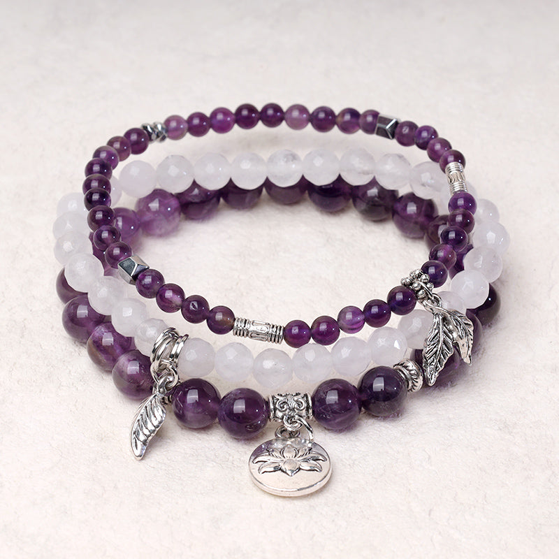 3PCS Natural Gemstone Beaded Lotus Charm Bracelet Set