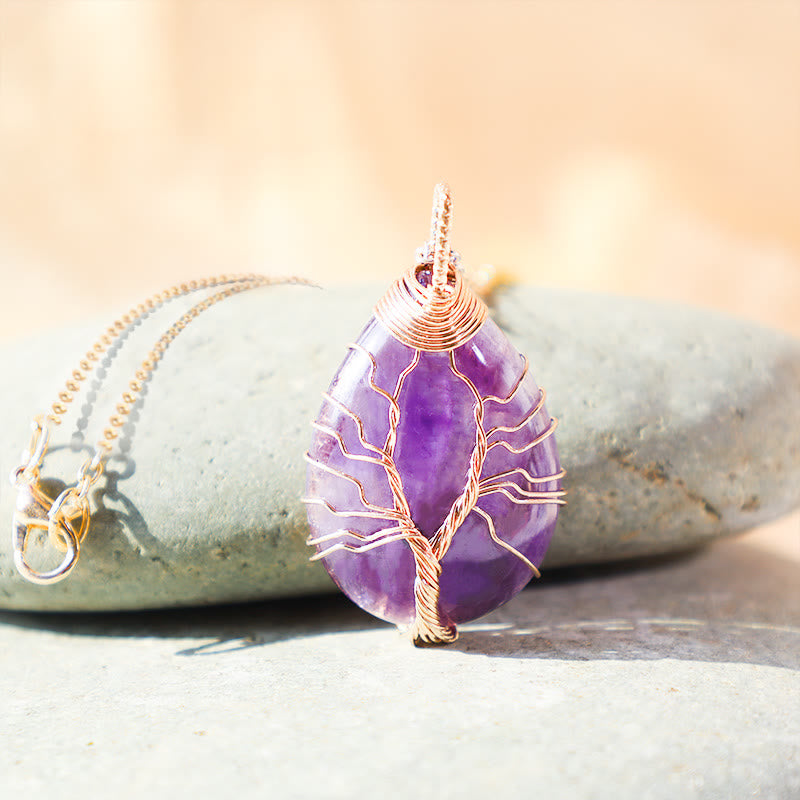 Natural Quartz Crystal Tree Of Life Healing Energy Necklace Pendant