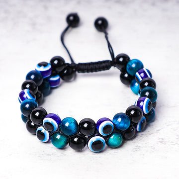 Handmade Evil Eye Hematite and Tiger Eye Adjustable Beaded Bracelet for Men and Women