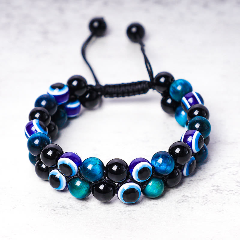 Handmade Evil Eye Hematite and Tiger Eye Adjustable Beaded Bracelet for Men and Women