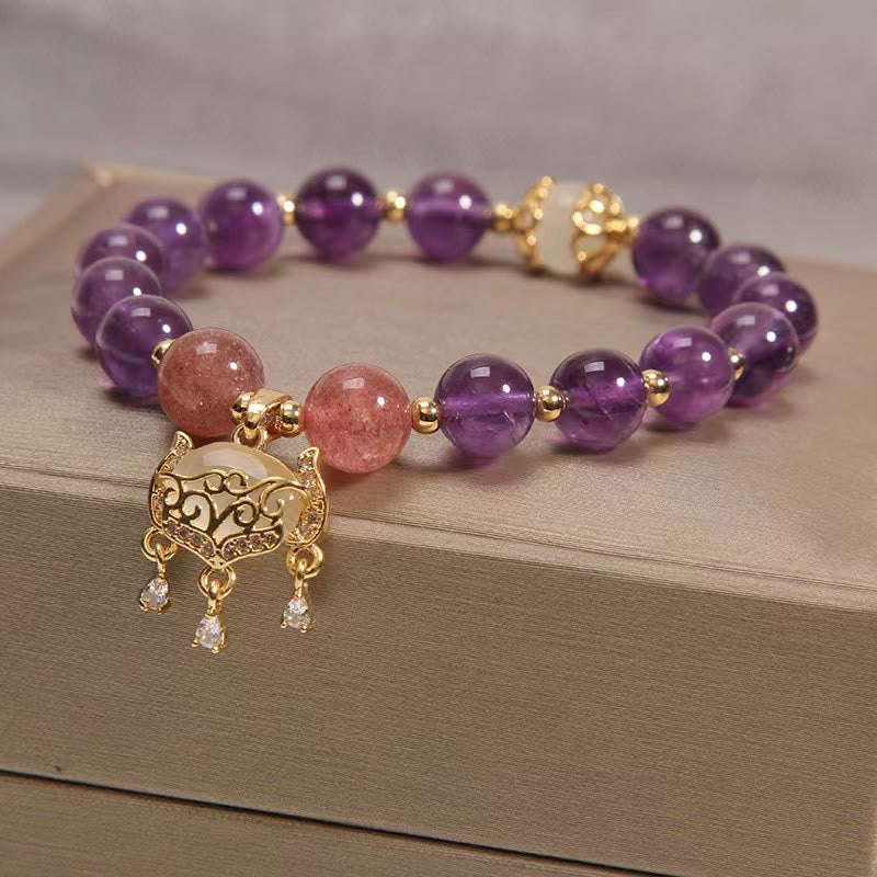 Handmade Amethyst Strawberry Quartz Cat's Eye Longevity Lock Charm Beaded Bracelet