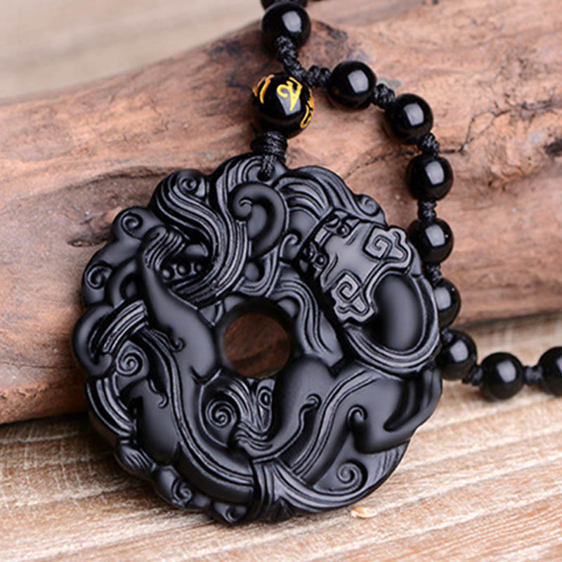Natural Black Obsidian Peace Buckle Pixiu Purification Necklace Pendant