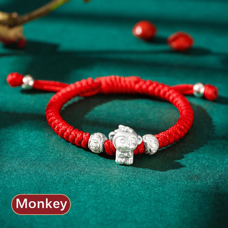 Handcrafted 999 Sterling Silver Chinese Zodiac Vajra Knot Red String Kids Bracelet