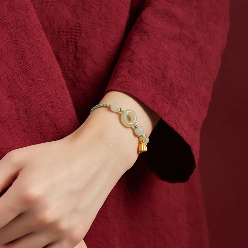 Round Peace Buckle Jade Lotus Happiness Abundance Wealth String Bracelet