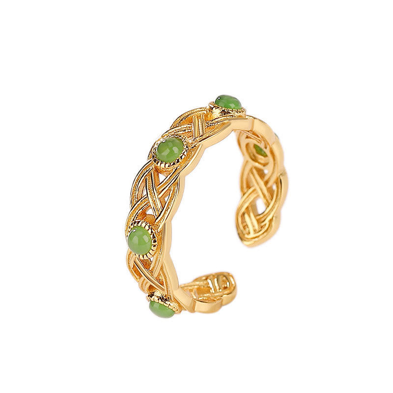 925 Sterling Silver Plated Gold Cyan Jade Braided Design Success Luck Adjustable Ring