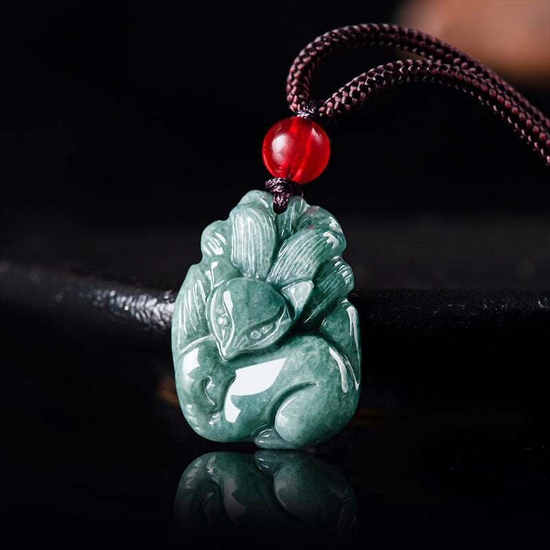Natural Green Jade Nine Tailed Fox Engraved Prosperity Necklace Pendant