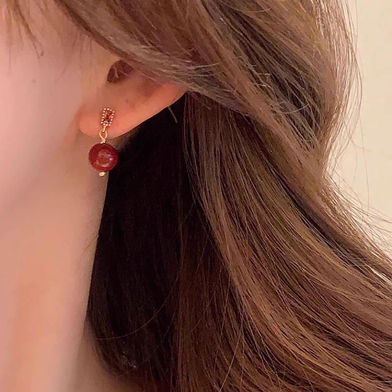 925 Sterling Silver Posts 14K Gold Filled Cinnabar Bead Zircon Calm Earrings