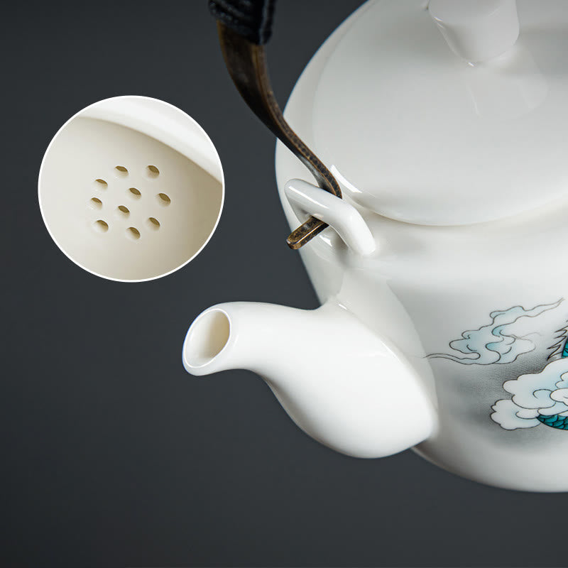 Vintage Dragon Mountain Fisherman Landscape White Porcelain Ceramic Kung Fu Teapot