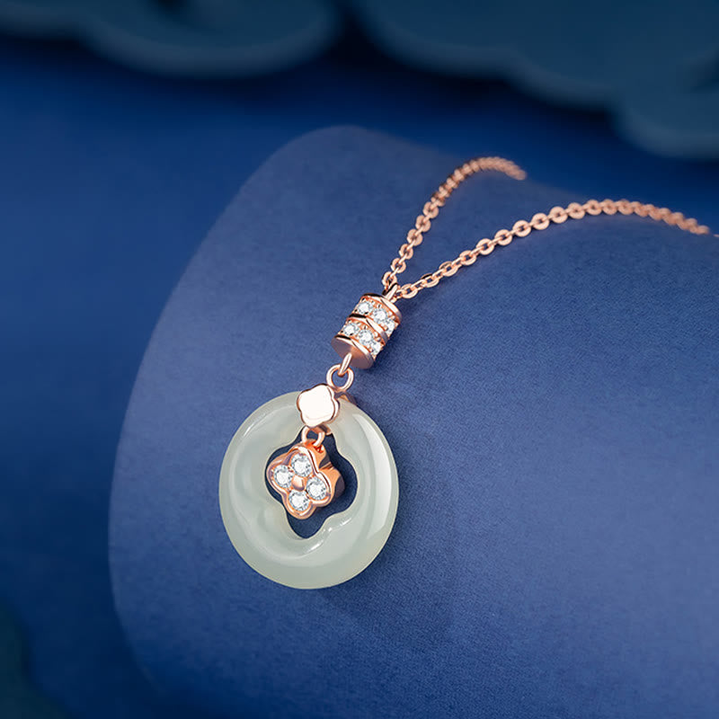 925 Sterling Silver Natural Hetian Jade Lucky Four Leaf Clover Zircon Necklace Pendant With Gift Box