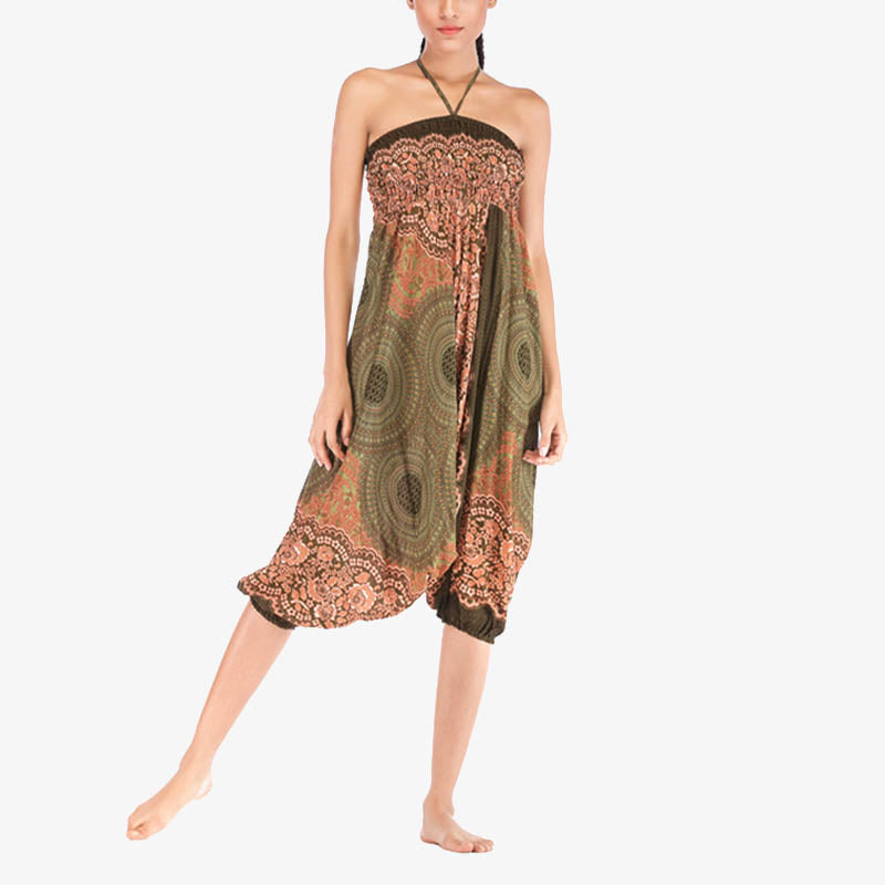 Two Style Wear Round Geometric Pattern Loose Smocked Harem Trousers Jumpsuit High Waist Women's Yoga Pants