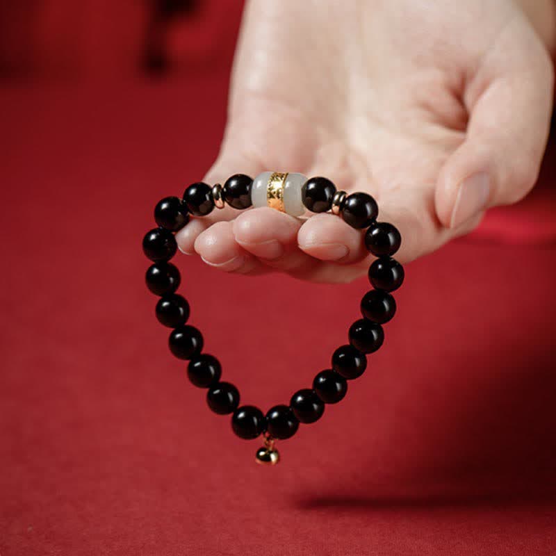 Magnetic Black Obsidian and Jade Om Mani Padme Hum Mantra Gold Plated Couple Bracelet