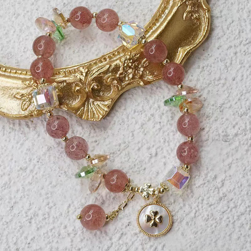 Strawberry Quartz Lucky Four Leaf Clover Healing Charm Bracelet