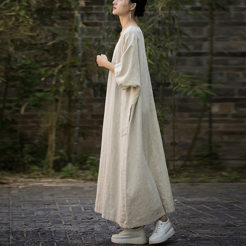 Solid Color V-Neck Half Sleeve Ramie Linen Midi Dress With Pockets