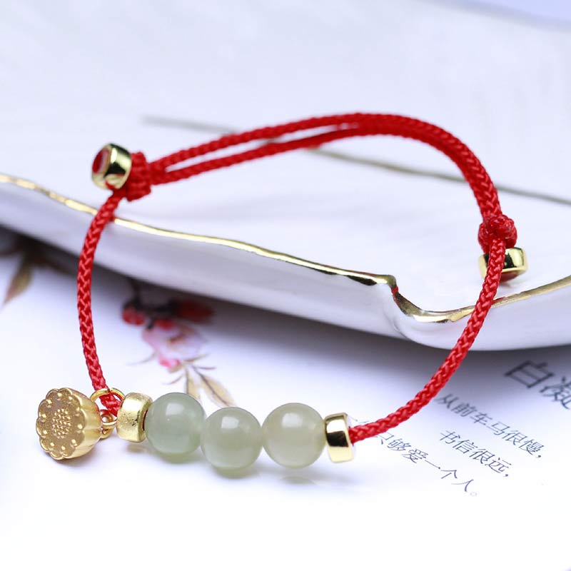 Handmade Natural Jade Lotus Seed Woven Red String Adjustable Bracelet