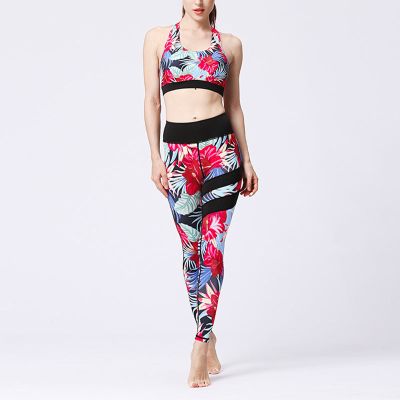 2Pcs Sunflower Flowers Leaves Print Top Pants Sports Fitness Yoga Women's Yoga Sets