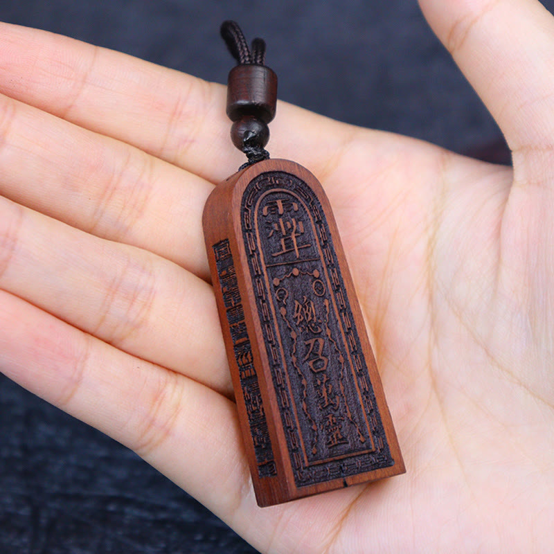 Lightning Struck Jujube Wood Taoist Five Thunder Order Luck Protection Necklace Pendant