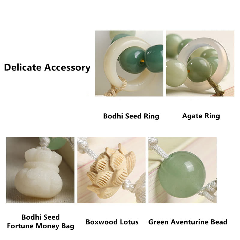 Handmade Gradient Bodhi Seed Agate & Green Aventurine Lotus Charm Wrist Mala