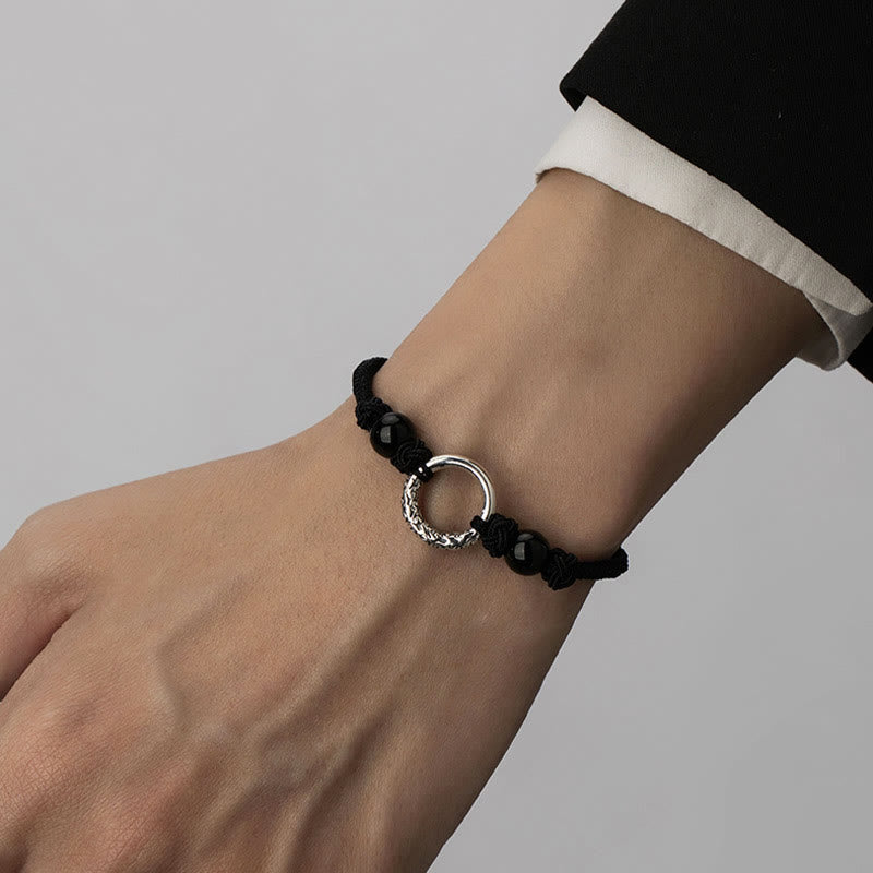 925 Sterling Silver Black Onyx Ping An Kou Peace Buckle Adjustable Bracelet
