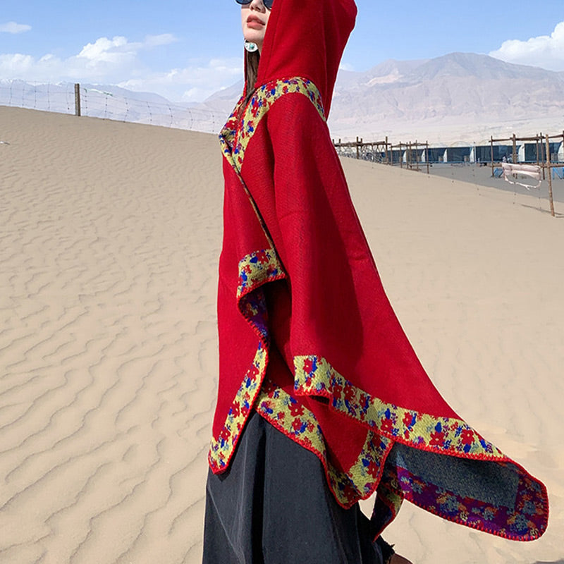 Tibetan Shawl Border Small Floral Flower Hooded Cloak Winter Cozy Travel Scarf Wrap
