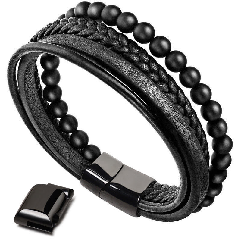 Natural Lava Rock Black Onyx Bead Leather Bracelet
