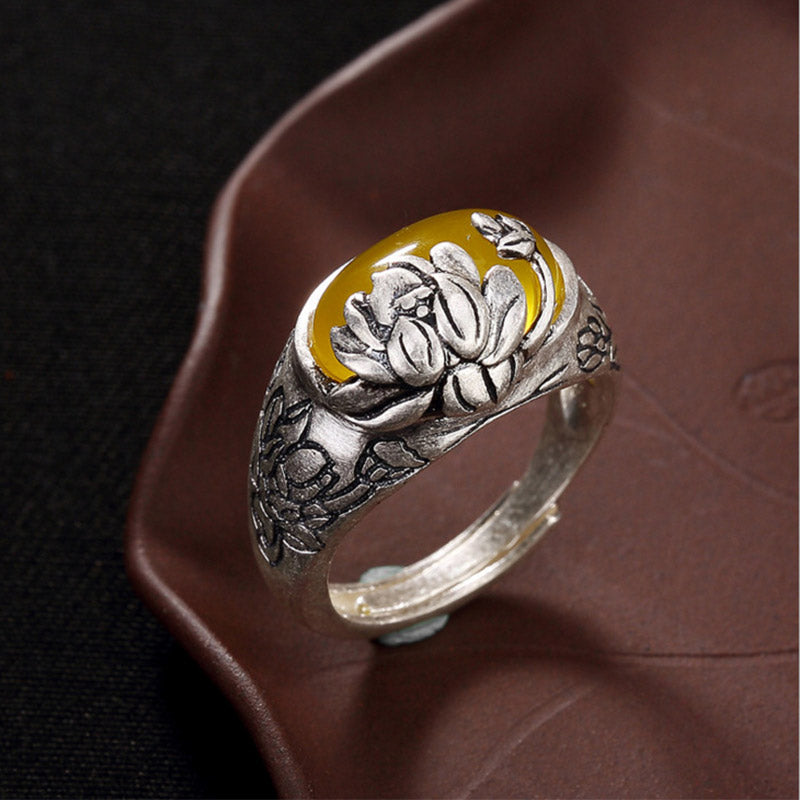 Citrine Lotus Blessing Protection Adjustable Ring