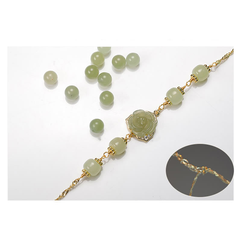14K Gold Plated Hetian Jade Rose Flower Copper Chain Bracelet