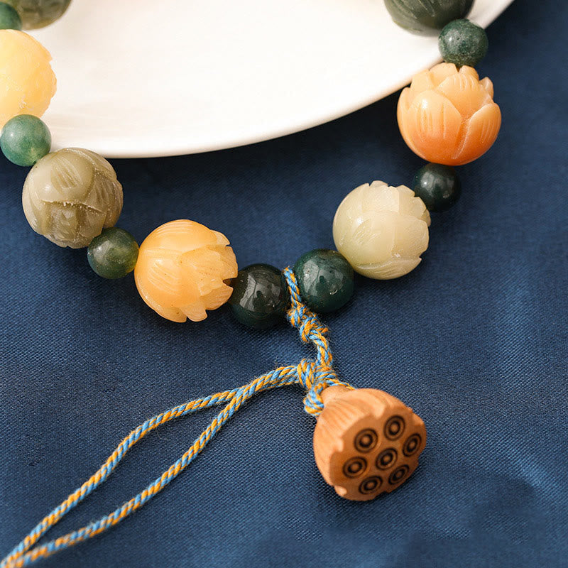 Bodhi Seed Lotus Bead Engraved Moss Agate Peace Calm Bracelet